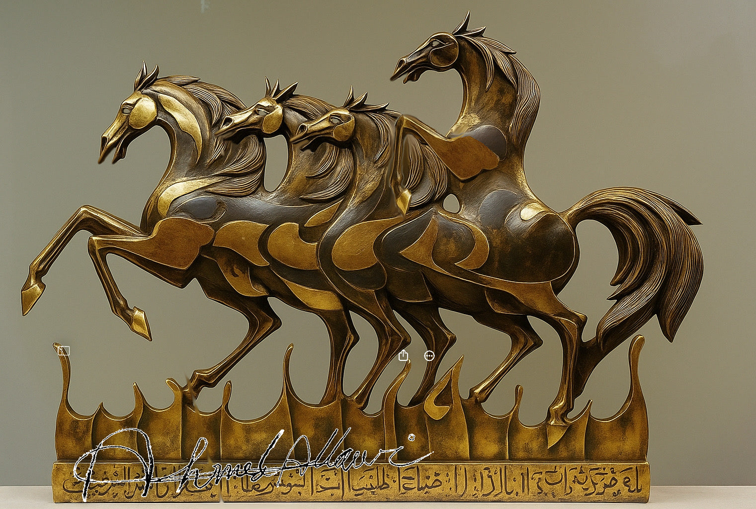 Bronze dancing horse sculpture with Arabic calligraphy by Iraqi artist Ahmed Allawi - Just Art Gallery Qatar