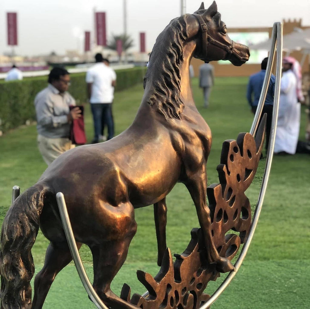 Bronze dancing horse sculpture with Arabic calligraphy by Iraqi artist Ahmed Allawi - Just Art Gallery Qatar