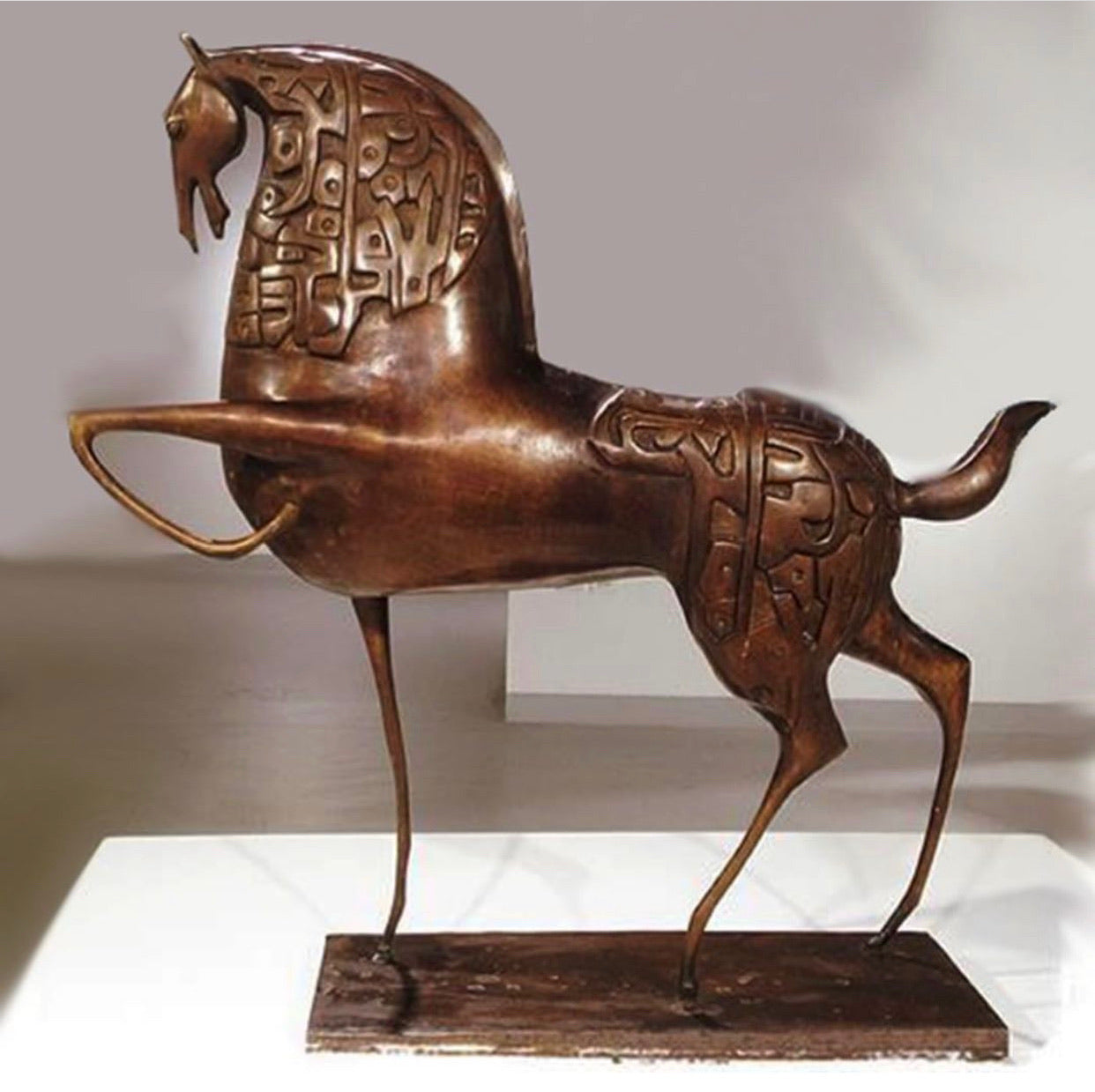 Bronze dancing horse sculpture with Arabic calligraphy by Iraqi artist Ahmed Allawi - Just Art Gallery Qatar