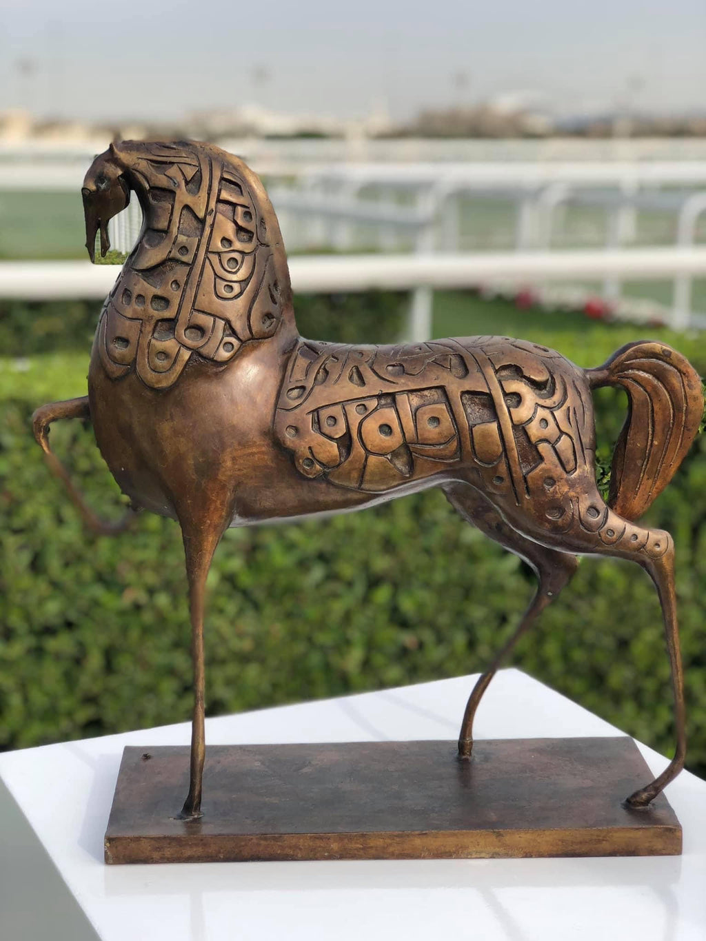 Bronze dancing horse sculpture with Arabic calligraphy by Iraqi artist Ahmed Allawi - Just Art Gallery Qatar