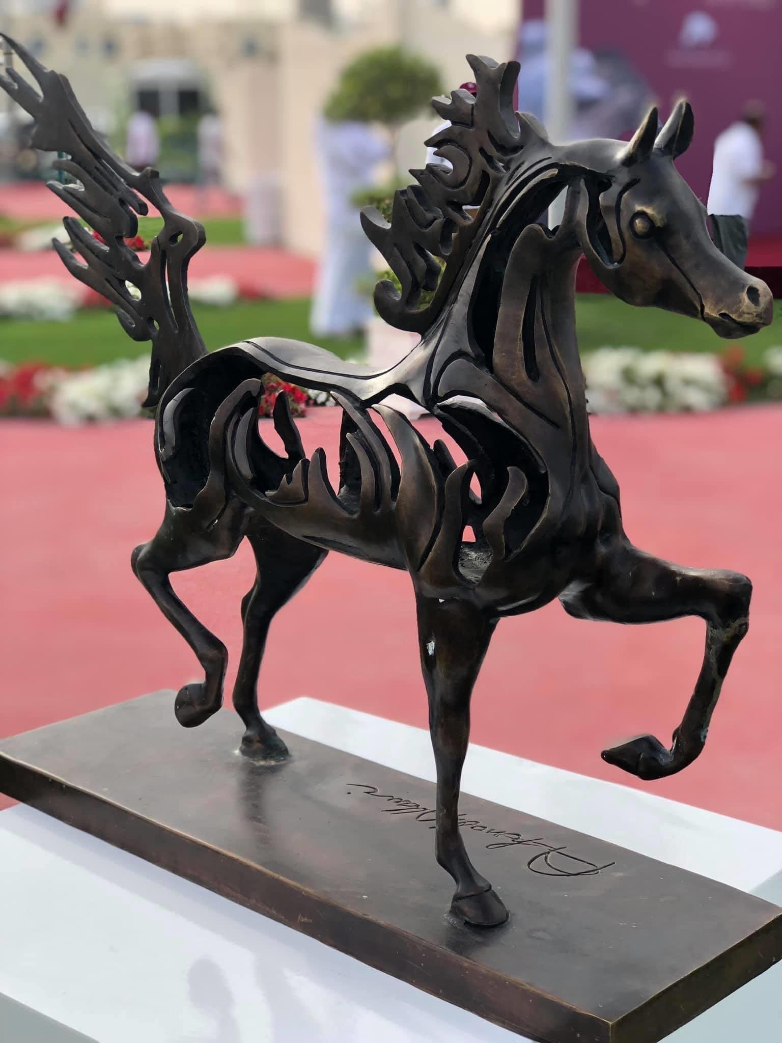 Bronze dancing horse sculpture with Arabic calligraphy by Iraqi artist Ahmed Allawi - Just Art Gallery Qatar