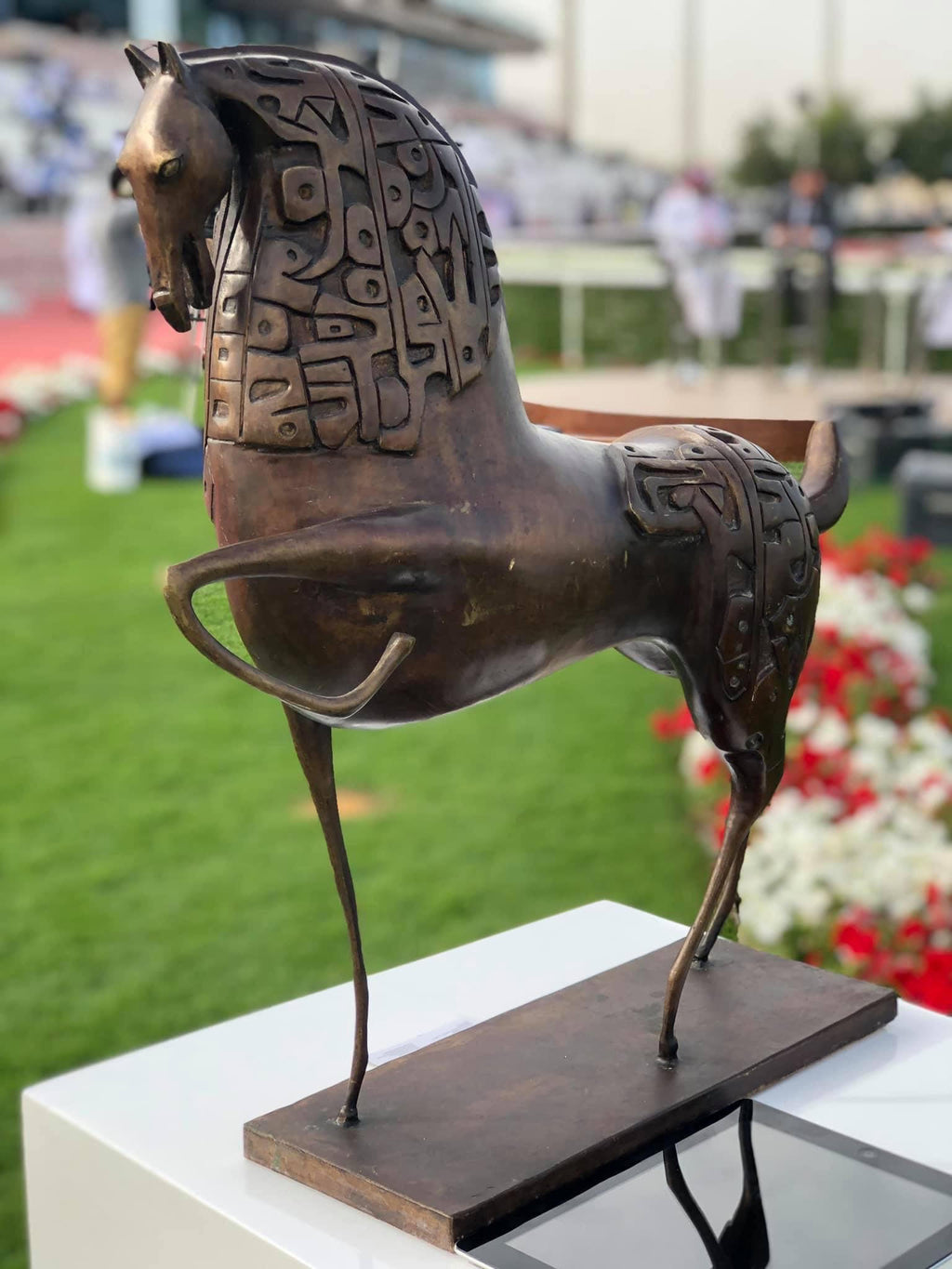 Bronze dancing horse sculpture with Arabic calligraphy by Iraqi artist Ahmed Allawi - Just Art Gallery Qatar