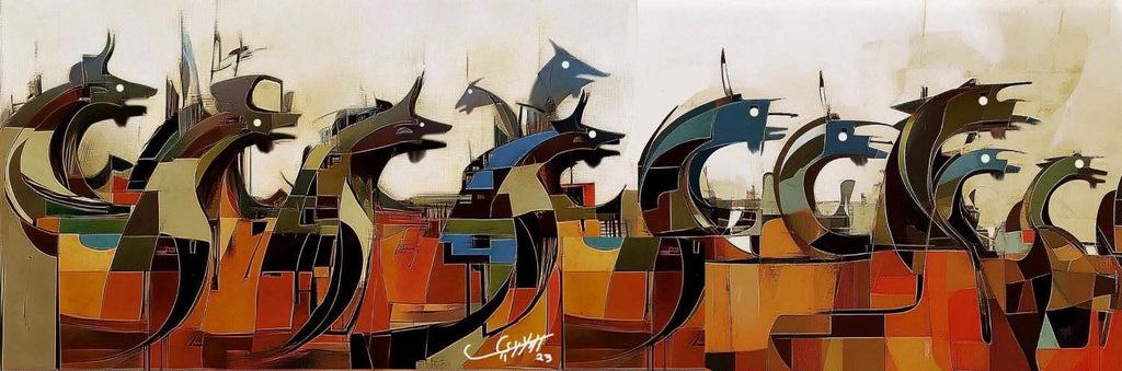 Bronze dancing horse sculpture with Arabic calligraphy by Iraqi artist Ahmed Allawi - Just Art Gallery Qatar