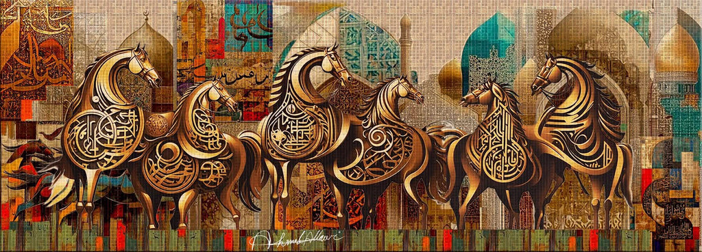 Bronze dancing horse sculpture with Arabic calligraphy by Iraqi artist Ahmed Allawi - Just Art Gallery Qatar