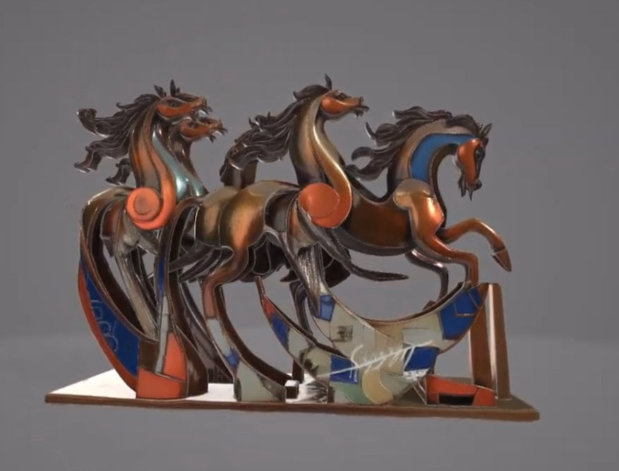 Bronze dancing horse sculpture with Arabic calligraphy by Iraqi artist Ahmed Allawi - Just Art Gallery Qatar