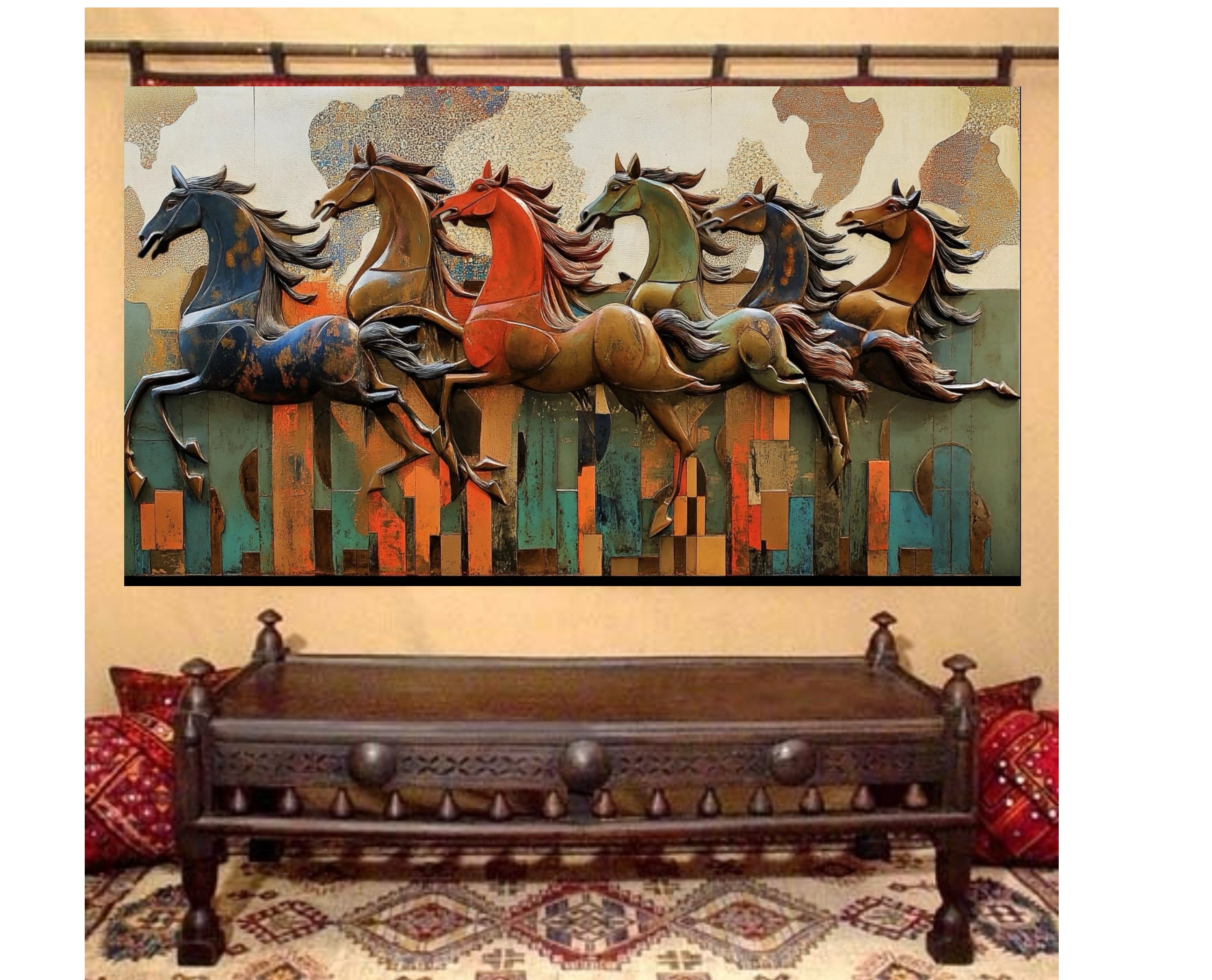 Bronze dancing horse sculpture with Arabic calligraphy by Iraqi artist Ahmed Allawi - Just Art Gallery Qatar